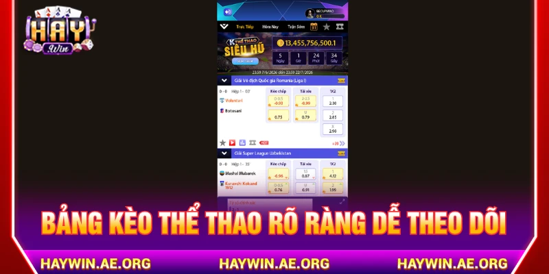 Bảng kèo thể thao HAYWIN dễ theo dõi và đặt cược