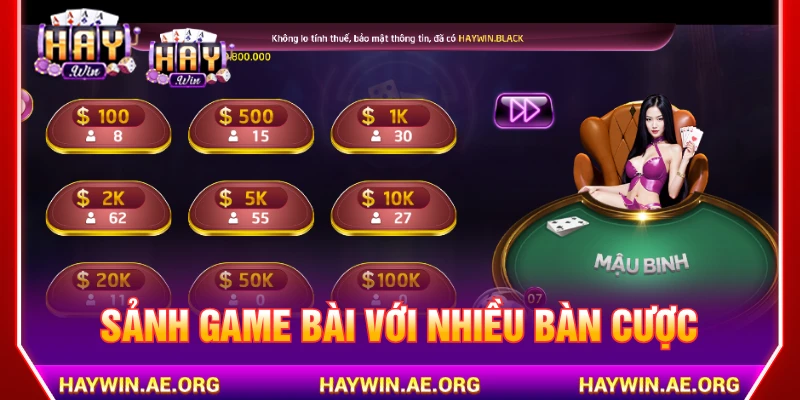 Sảnh game bài với nhiều bàn cược theo từng mệnh giá